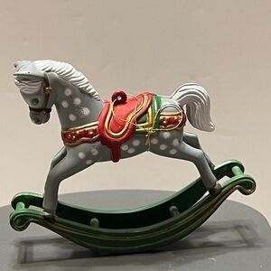 Gray Rocking Horse Ornament with Red and Green Accents
